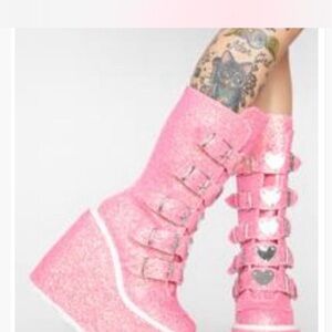 Demonia Pink Glitter Wedge Boots